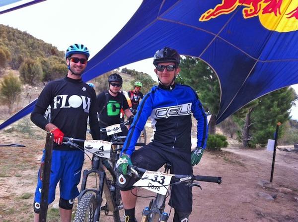 Pioneers of gravity enduro racing in Australia at the start line (l-r): Mick Ross (FLOW MTB), James Hall (JetBlack Cycling) and Dave Musgrove (CellBikes).